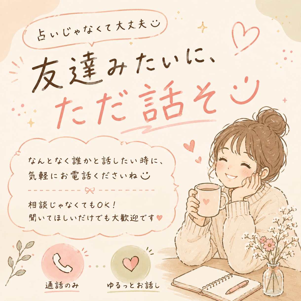 ちょっとお話したい時に、あなたのお話相手になります 雑談でもOK♡ 関西弁の私とゆるーくお話ししませんか？ イメージ1