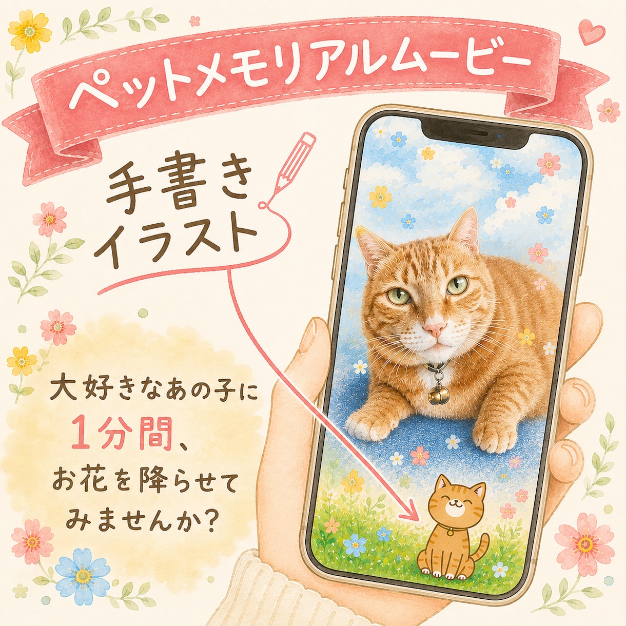 手描きイラスト＋ペットメモリアルムービーを作成ます 1分間の縦長ショートムービー。心を込めたイラストもあります。 イメージ1