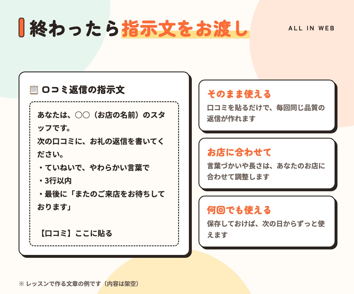 ChatGPT・Claudeをお店向けに教えます 個人店・個人事業主向け｜あなたの仕事で一緒に練習 イメージ5