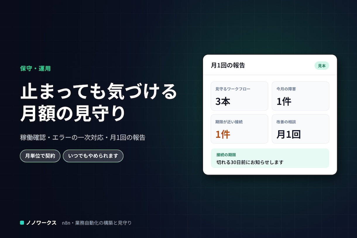 n8nの自動化を月額で見守ります 止まったら気づき、原因を調べて小さな修正まで行います イメージ1