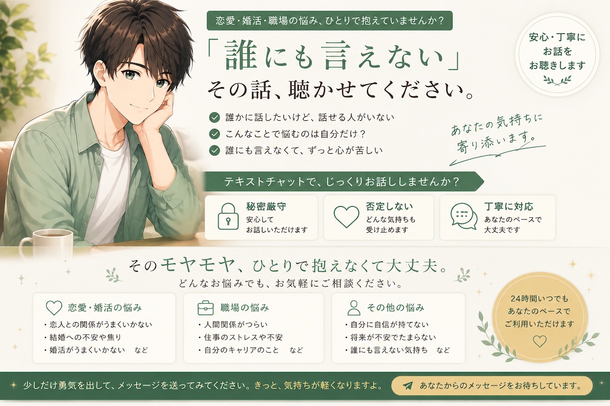 恋愛・婚活・職場の悩みを聴きます 同じ苦労を知る20代男性が、本音を受け止めます イメージ2