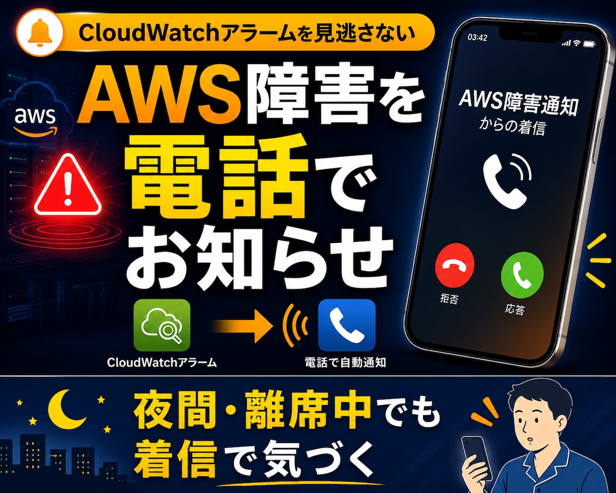 AWS障害時に電話で自動連絡します 夜中でも気付ける安心を、あなたへお届けします。 イメージ1