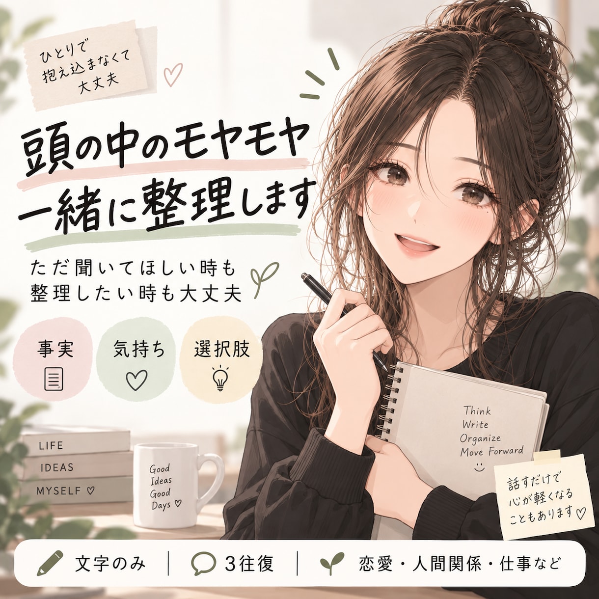 頭の中のモヤモヤを一緒に整理します ただ聞いてほしい時も、整理したい時も大丈夫です イメージ1