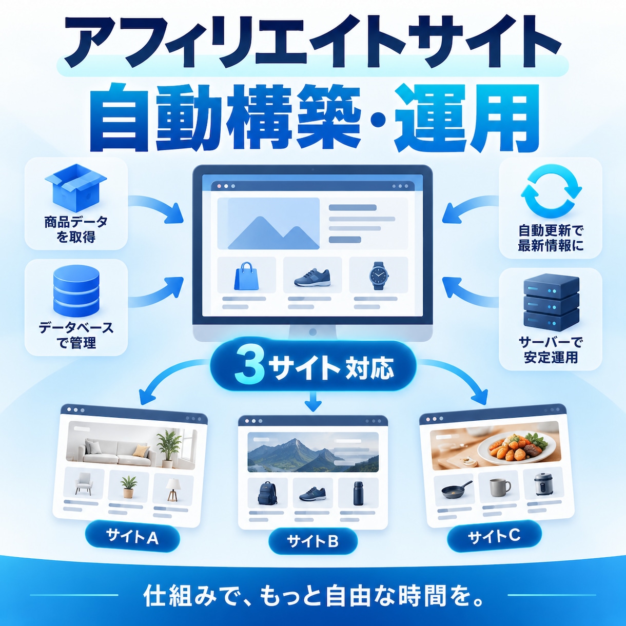選べるアフィリエイトサイトを自動構築します 商品取得から更新・公開まで自動化します イメージ1