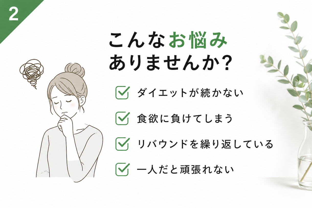 何度も挫折した人ほど試していただきたいと思います 瘦せる知識より、リバウンドを防ぎ続く習慣を。 イメージ2