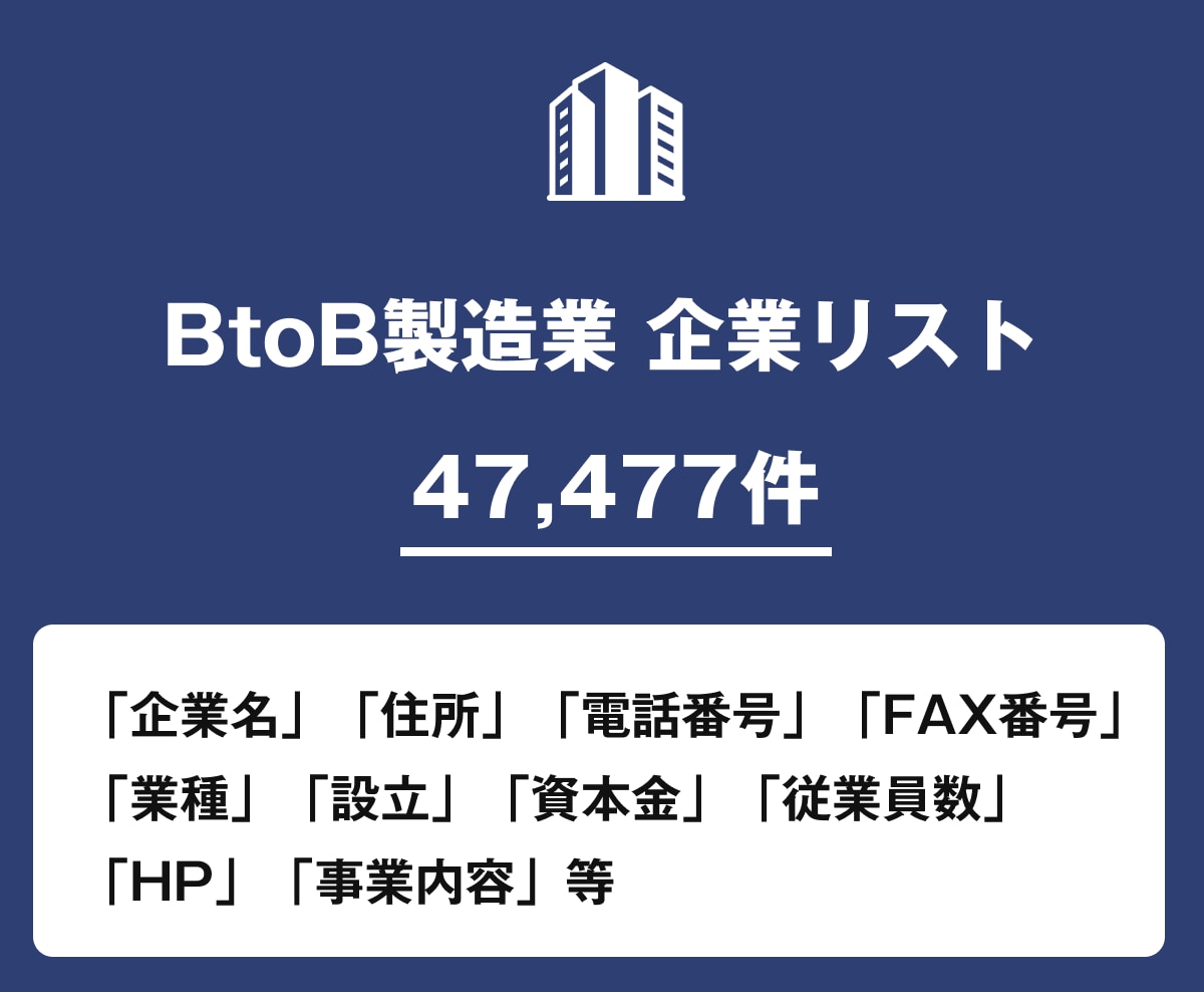BtoB製造業 企業リスト即納します 47,477件｜法人データ（電話・FAX・HP情報含む） イメージ1