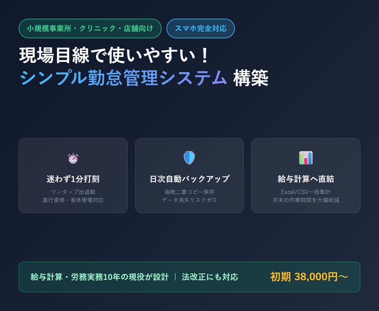小規模向け！現場目線のシンプル勤怠管理作ります 給与計算10年の現役設計！自動バックアップ完備の安心勤怠 イメージ1