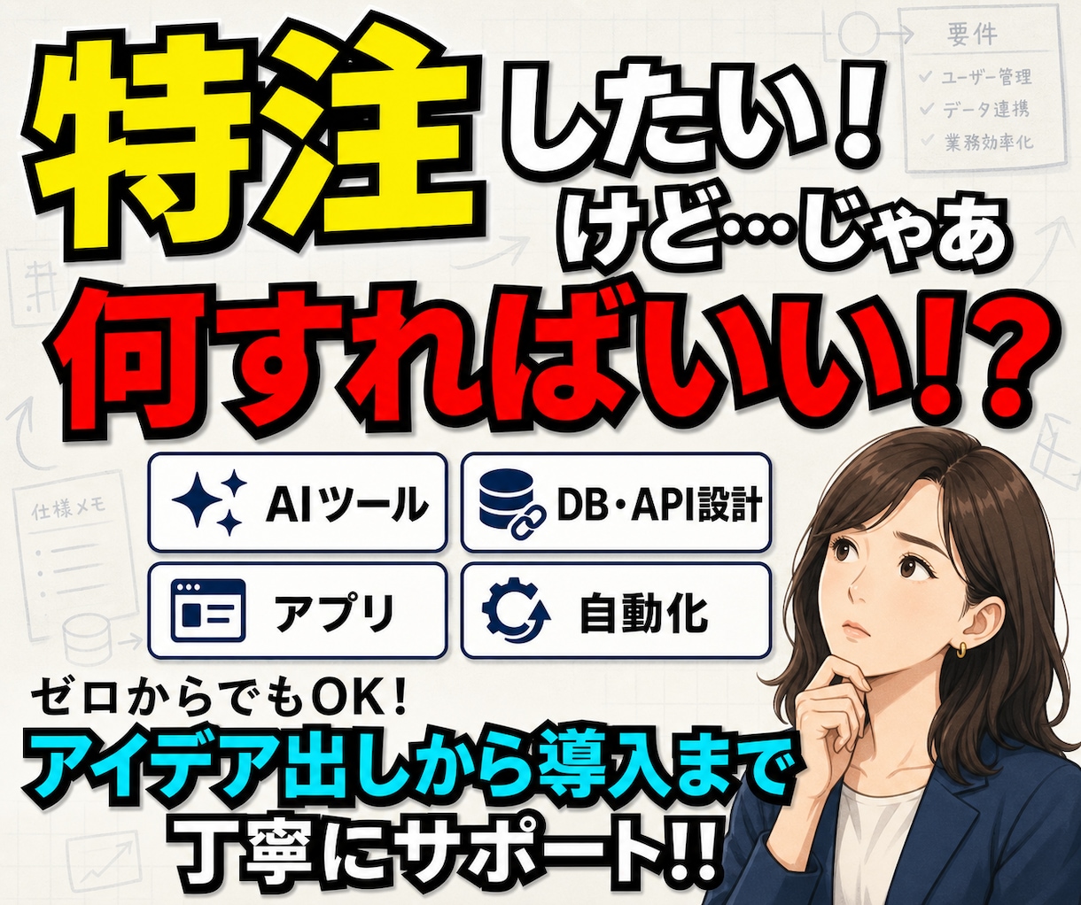 あなたのアイデアを形にします 「何から整理すれば…？」——そこから設計・導入まで。 イメージ1