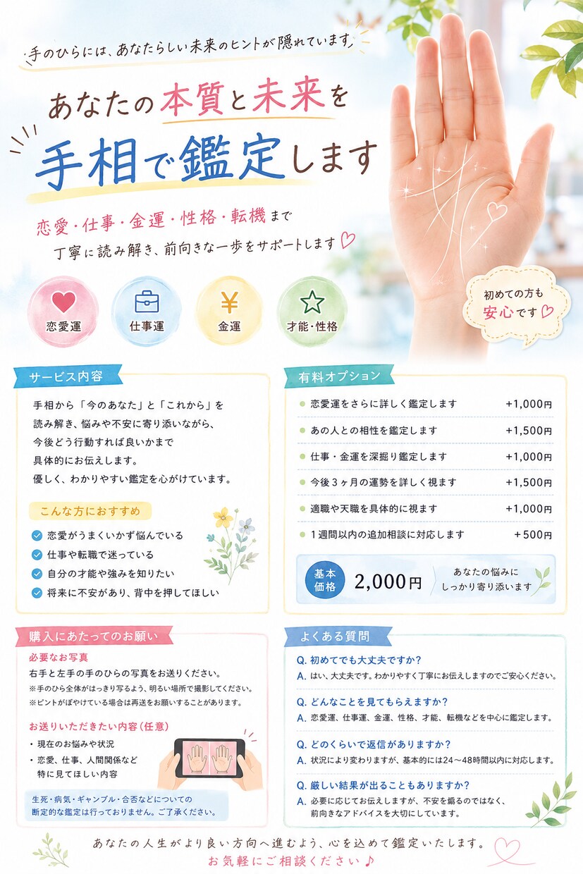 手相から人生の転機を読みます 今の自分を変えるヒントを、あなたの本質と未来を読み解きます。 イメージ2