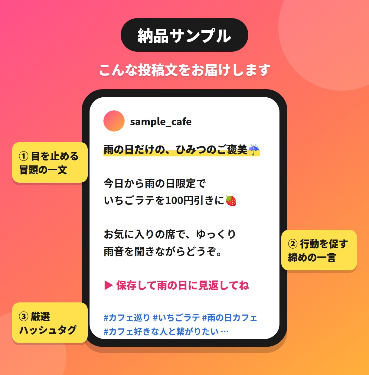 TikTokなどの投稿文とハッシュタグを作成します SNS運用経験者が、読まれる投稿文を10本セットでお届け イメージ2