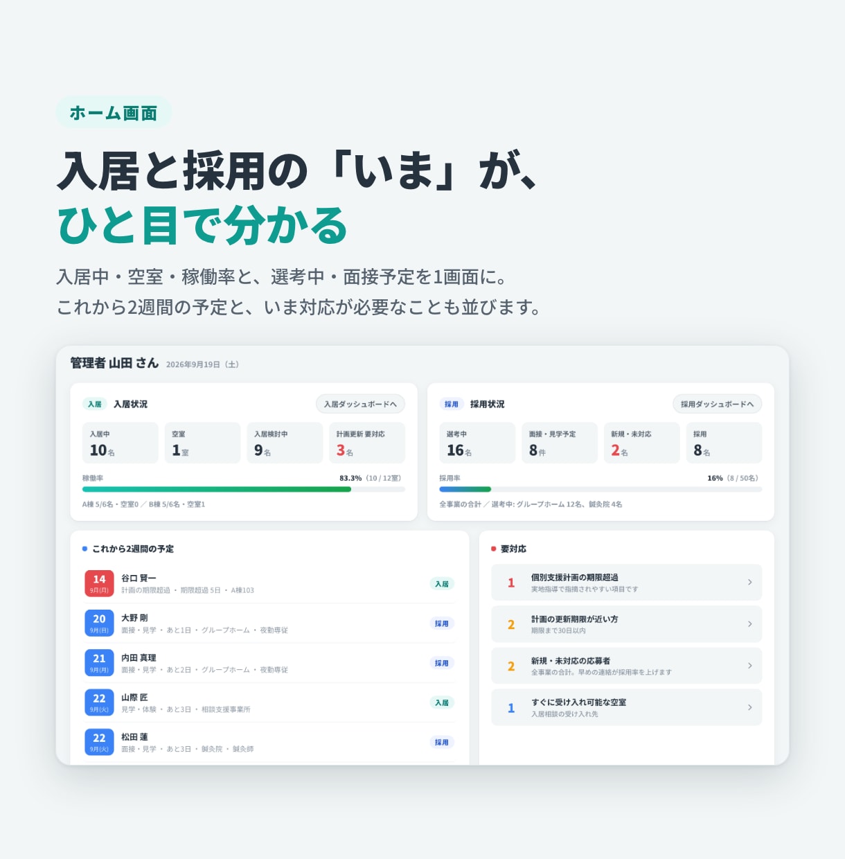 グループホームの入居・採用管理アプリ作ります 月額0円。入居も空室も採用も、1つの画面で管理 イメージ2