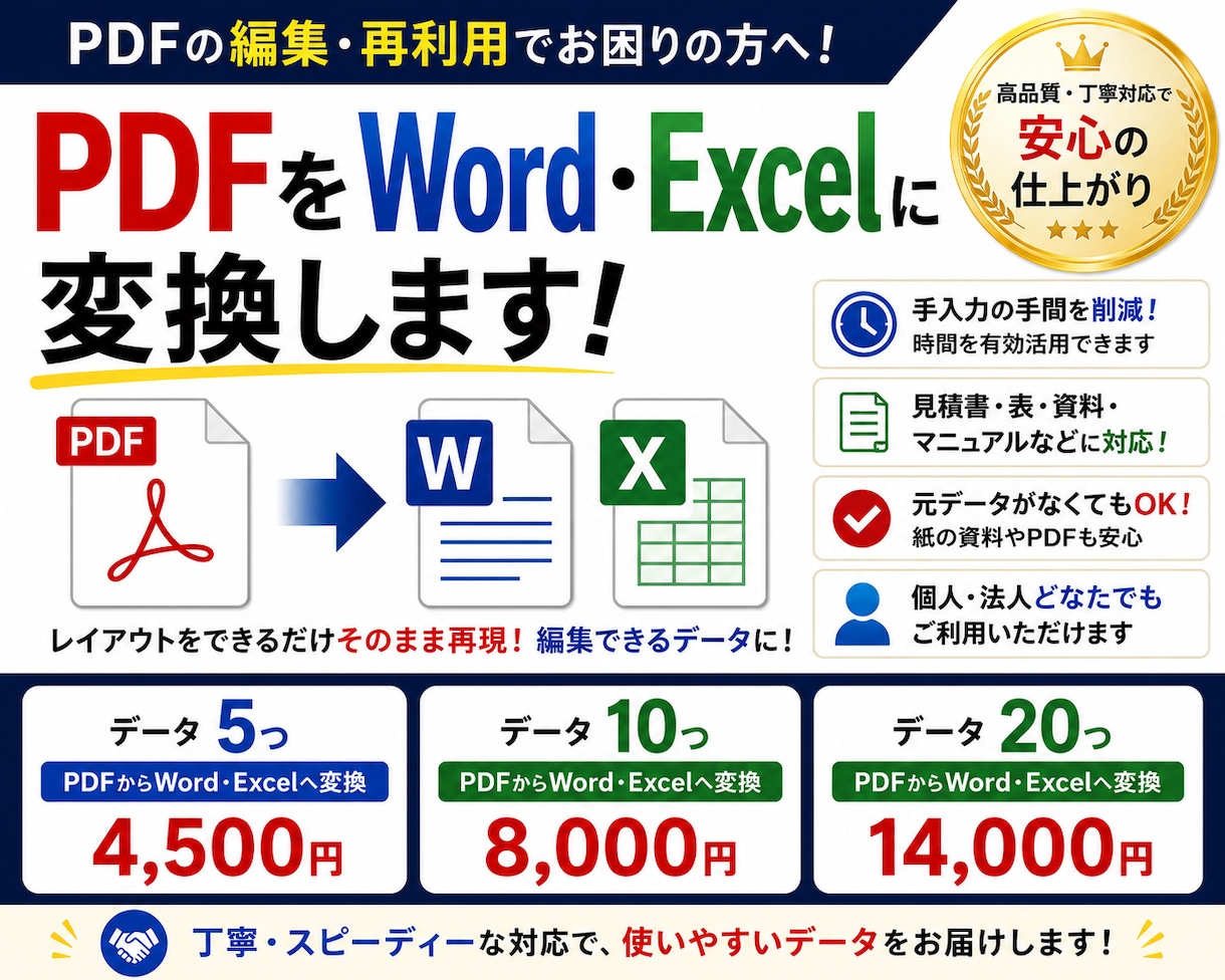 PDFをWord・Excelデータへ変換します 「PDFの元データがない…」そのような悩みを早期解決！ イメージ1