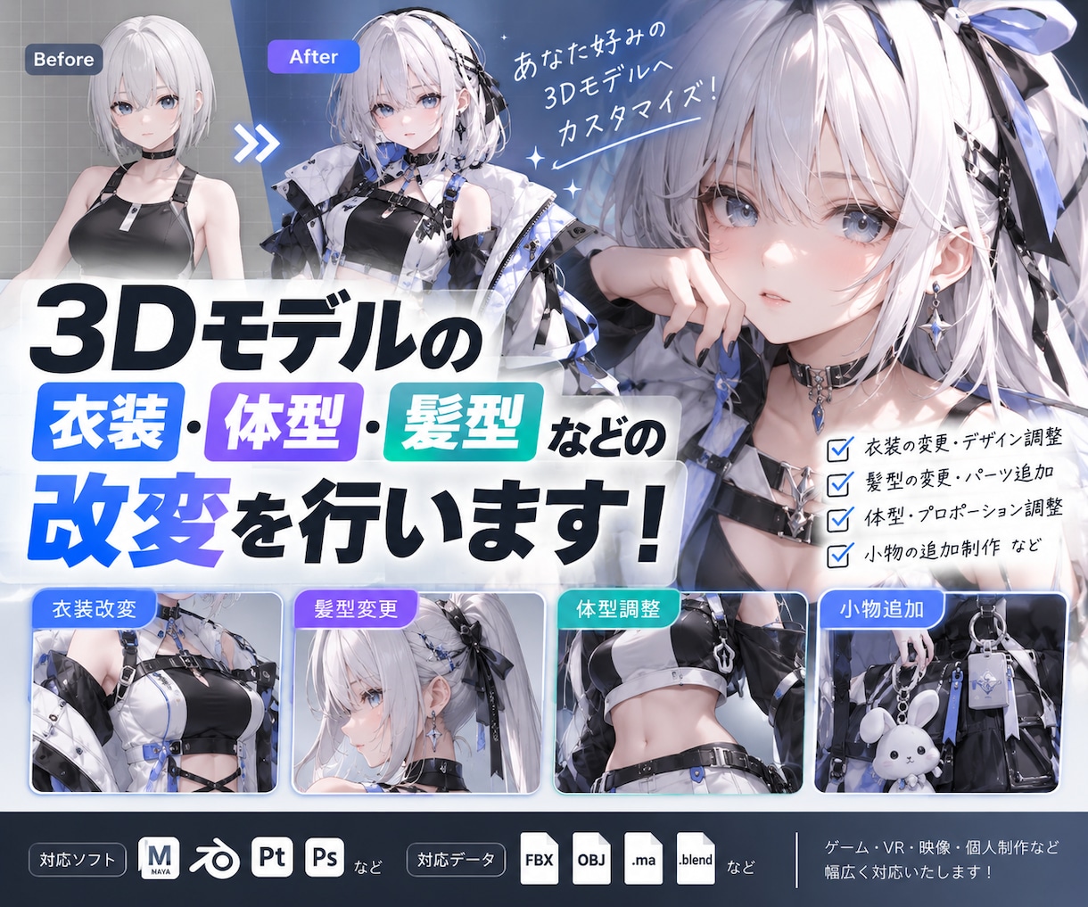 3Dモデルの衣装・体型・髪型などの改変を行います 現役のプロが、あなた好みの3Dモデルへカスタマイズします！ イメージ1