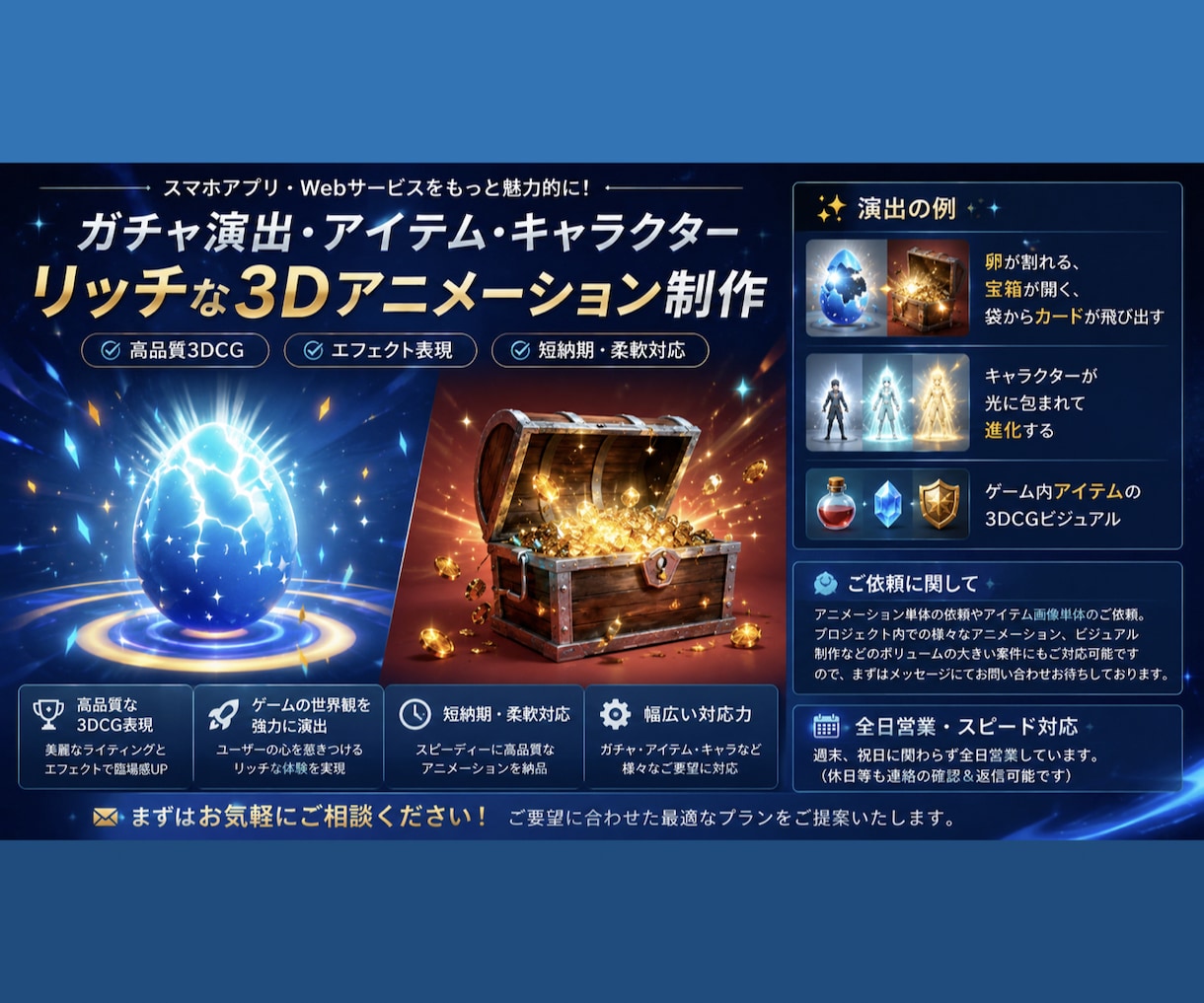 CGを活用したガチャアニメや各素材を制作いたします 卵の開封、宝箱の開封、カードの開封、モンスターの進化など イメージ1