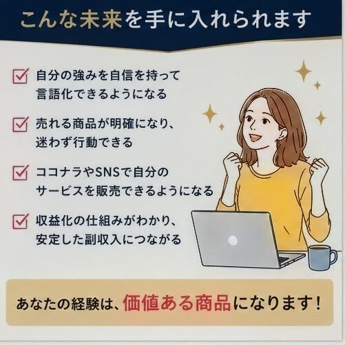 副業で何を売るか悩む方へ商品設計します 経験・得意を収益化できる形に整理します イメージ6