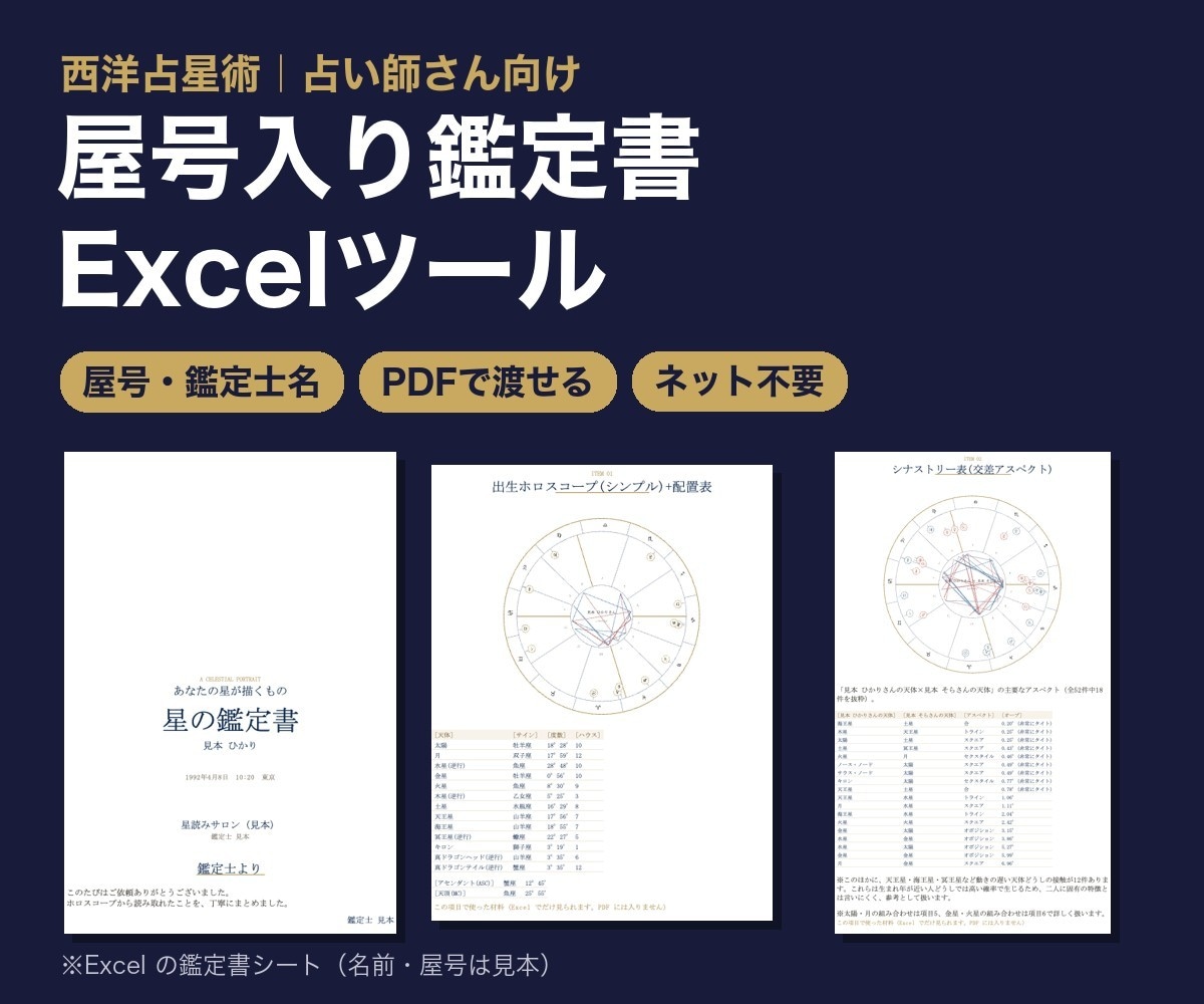 屋号入りの西洋占星術鑑定書Excelを提供します 占い師さん向け。ホロスコープと鑑定文をPDFで渡せます イメージ1