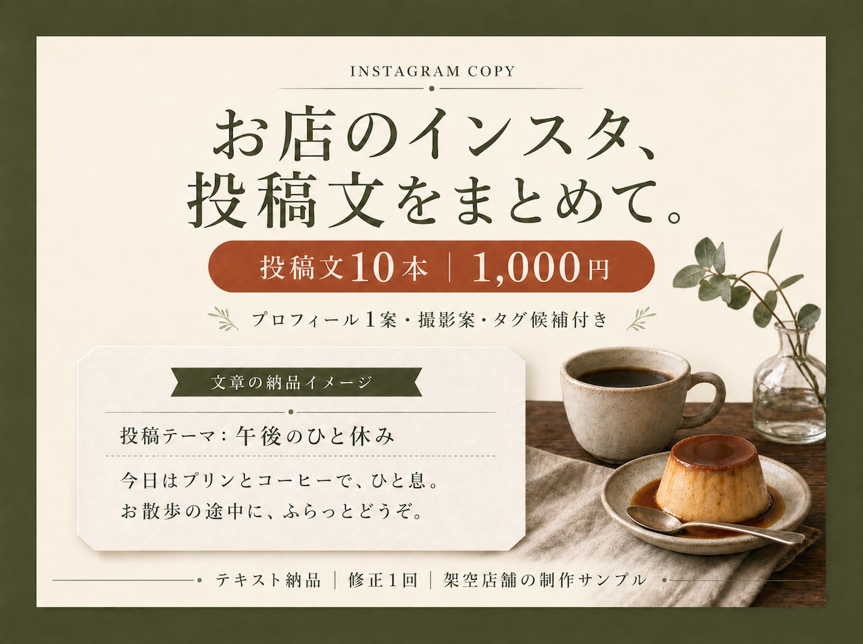 カフェのインスタ投稿文10本を作ります お店のメモから文章・プロフィール・撮影案まで イメージ1