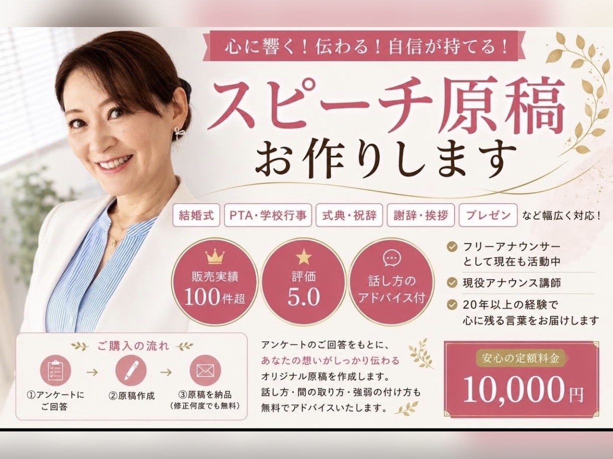 スピーチ原稿作成｜現役アナが心に響く挨拶を作ります 結婚式・式典・PTA挨拶・祝辞・謝辞対応！話し方もアドバイス イメージ1