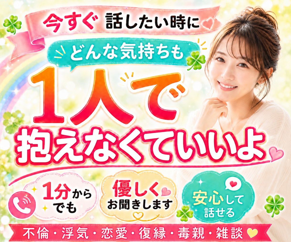 今すぐ話したい!✨1分からでも、優しくお聞きします 不倫・浮気・恋愛・復縁・毒親・雑談、どんな思いも吐き出して イメージ1