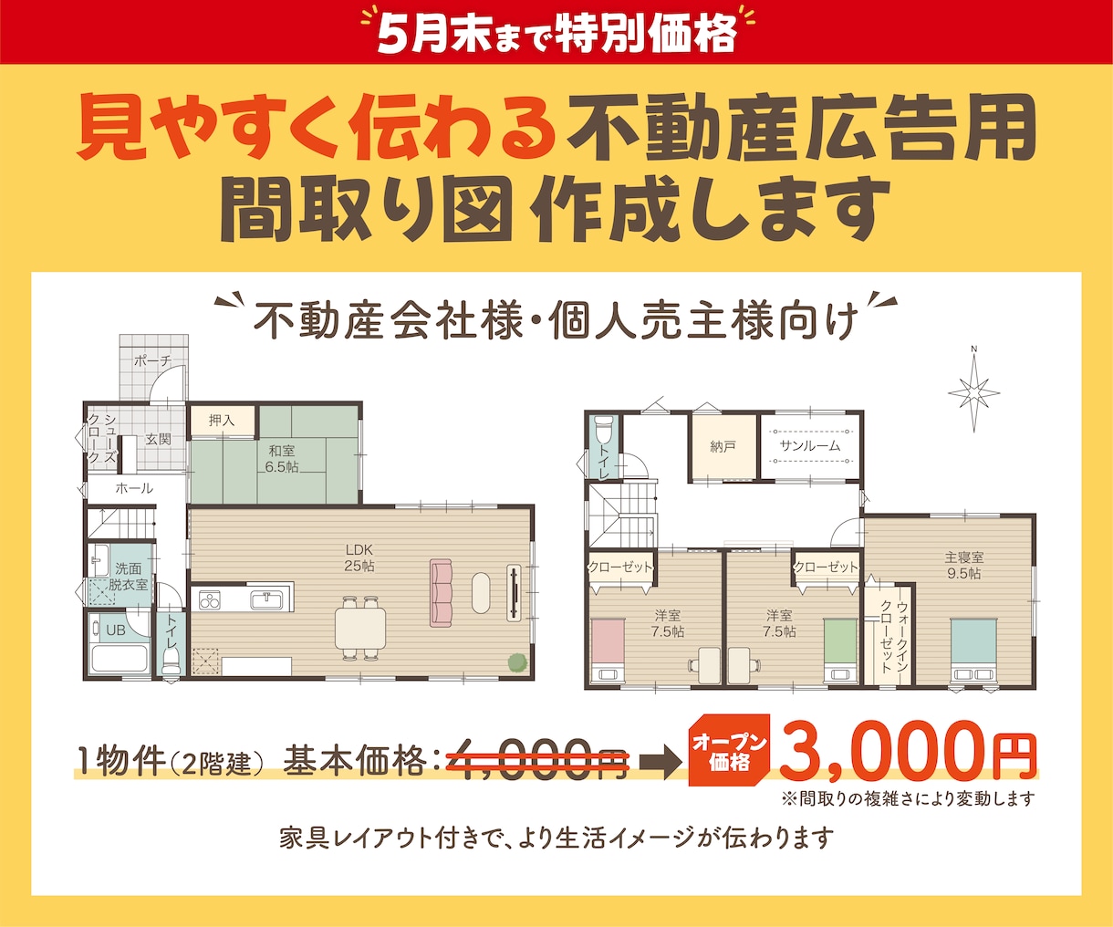 見やすく伝わる間取り図を丁寧に作成いたします チラシ・資料に使いやすいシンプルな間取り図を作成いたします イメージ1