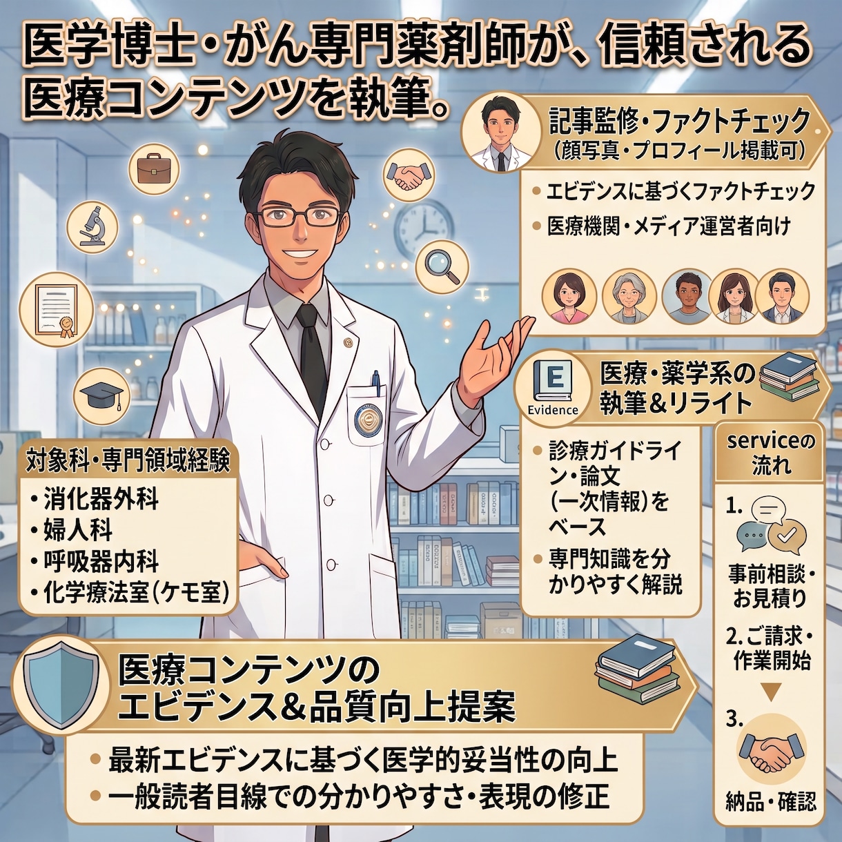 医療・健康記事の執筆・監修をします 医学博士・がん専門薬剤師の「名義＆顔写真付き」※要相談 イメージ1