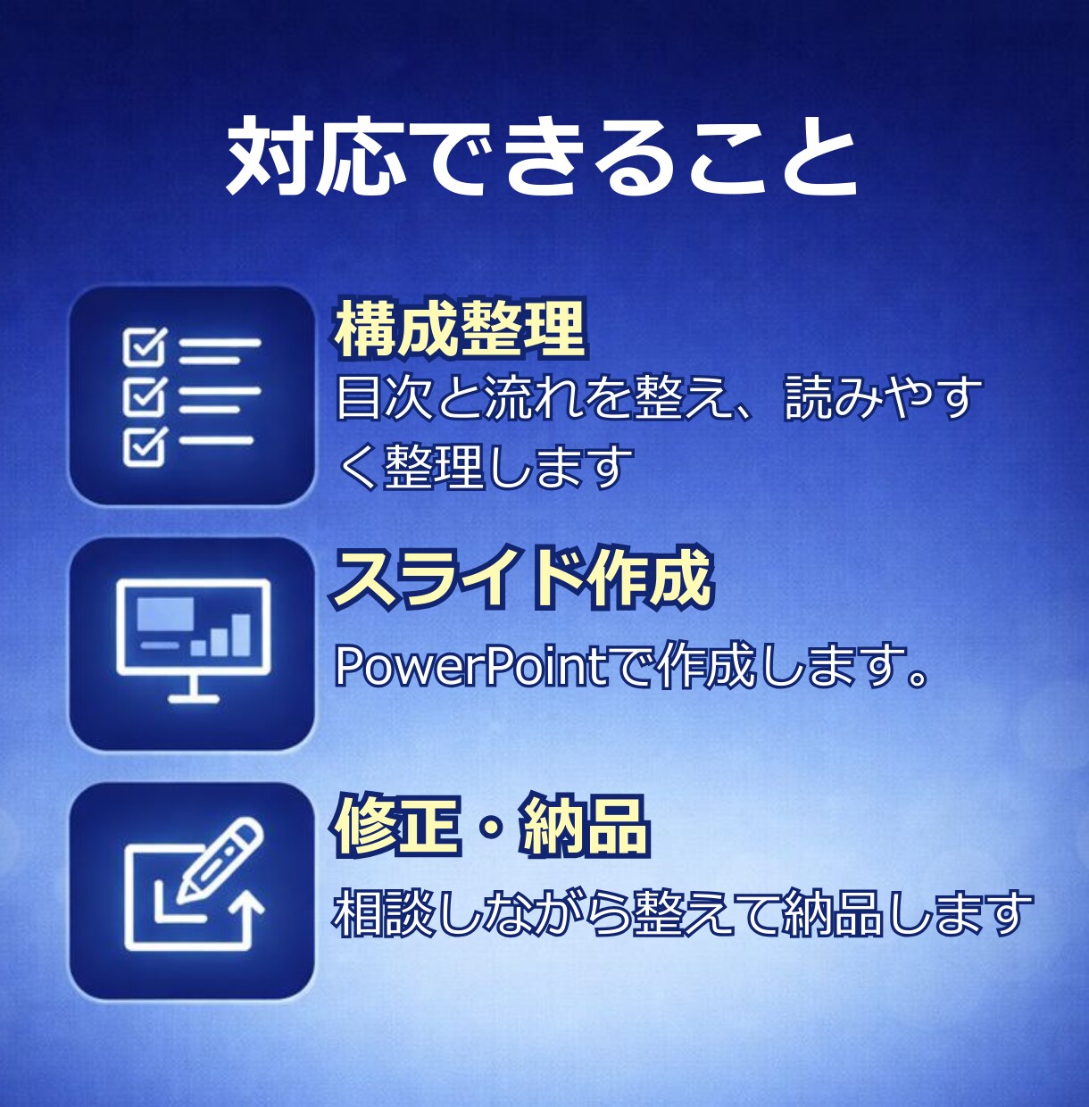 文章から資料・スライドを「伝わる構成」で作成します 忙しいあなたの代わりに、見やすい資料を作成します。 イメージ2