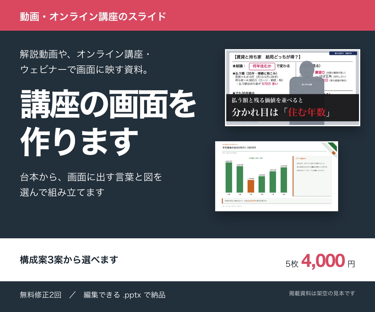 動画・オンライン講座で映すスライドを作ります 台本から、画面に出す言葉と図を選んで組み立て イメージ1