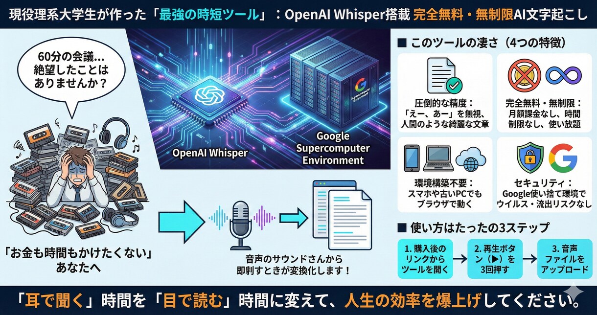 AI文字起こし革命！無料・無制限のツール渡します 精度最強のWhisper搭載。議事録も字幕も0円で全自動化 イメージ1