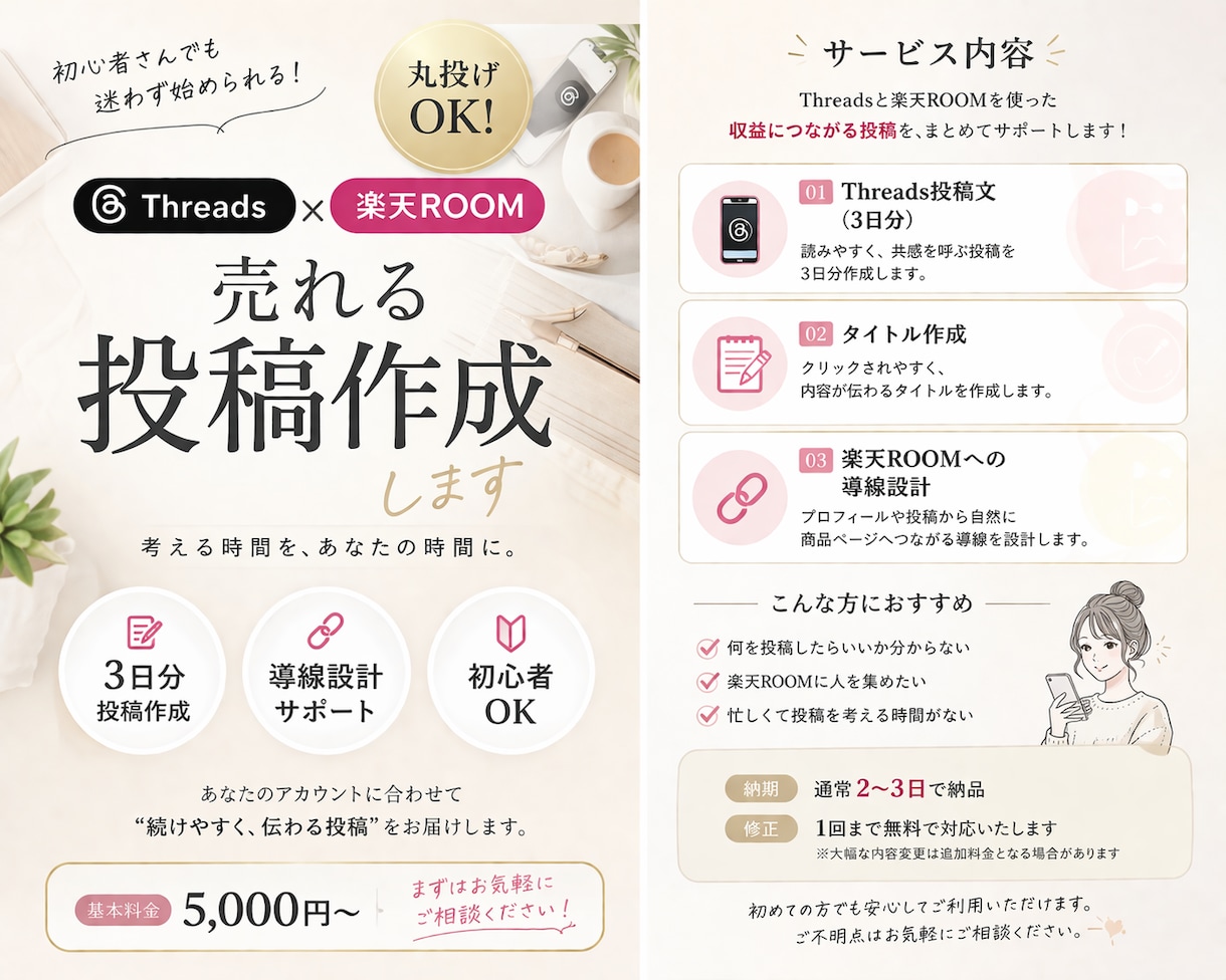 Threads×楽天ROOM投稿作成しますます 投稿と導線をまとめて整えサポートします イメージ1