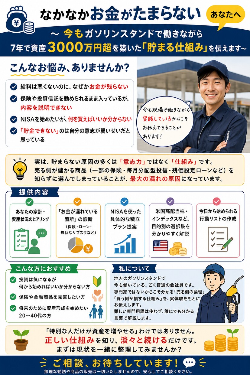 お金に関する悩みを投資家の視点で一緒に整理します なかなかお金がたまらないあなたへ イメージ1