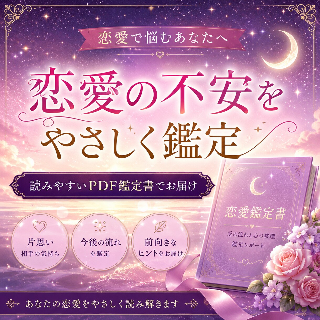恋愛の不安をやさしく鑑定PDF鑑定書でお届けします 貴方の気持ちを整理、前向きな一歩に繋がる鑑定書お届けします。 イメージ1