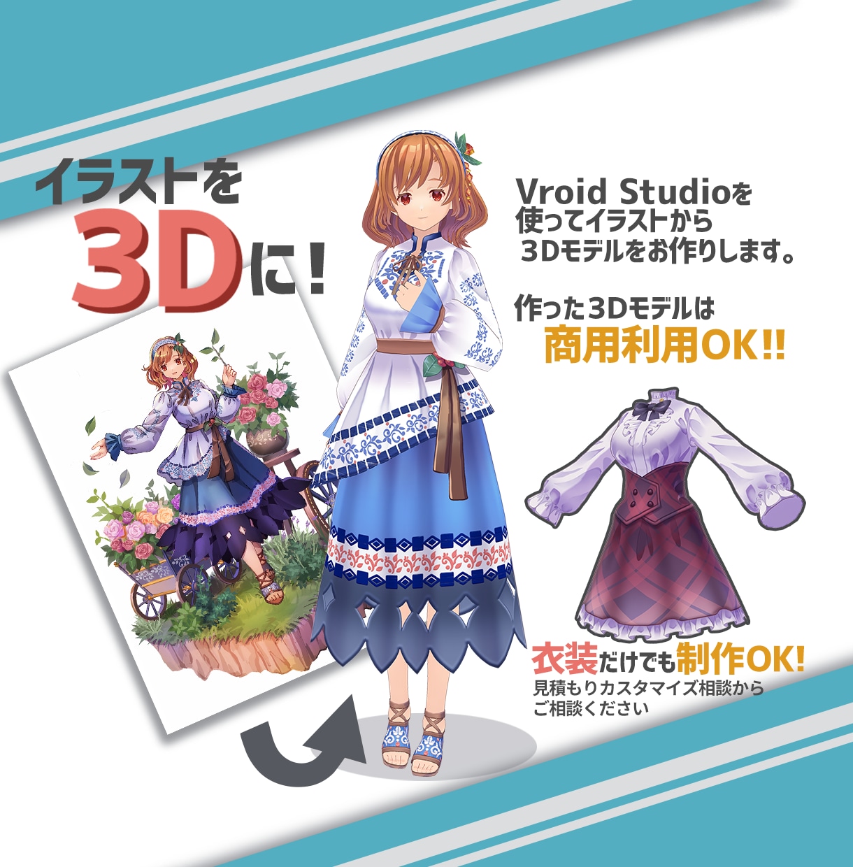 商用OK！VRoidでイラストから３Dを制作します 作った３DはVtuber、ゲーム、メタバース等に使用可能！ イメージ2