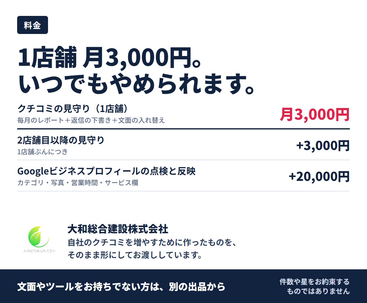 Googleクチコミを毎月点検し返信も作ります 増えた数も、消えた分も。毎月1枚でご報告します イメージ4