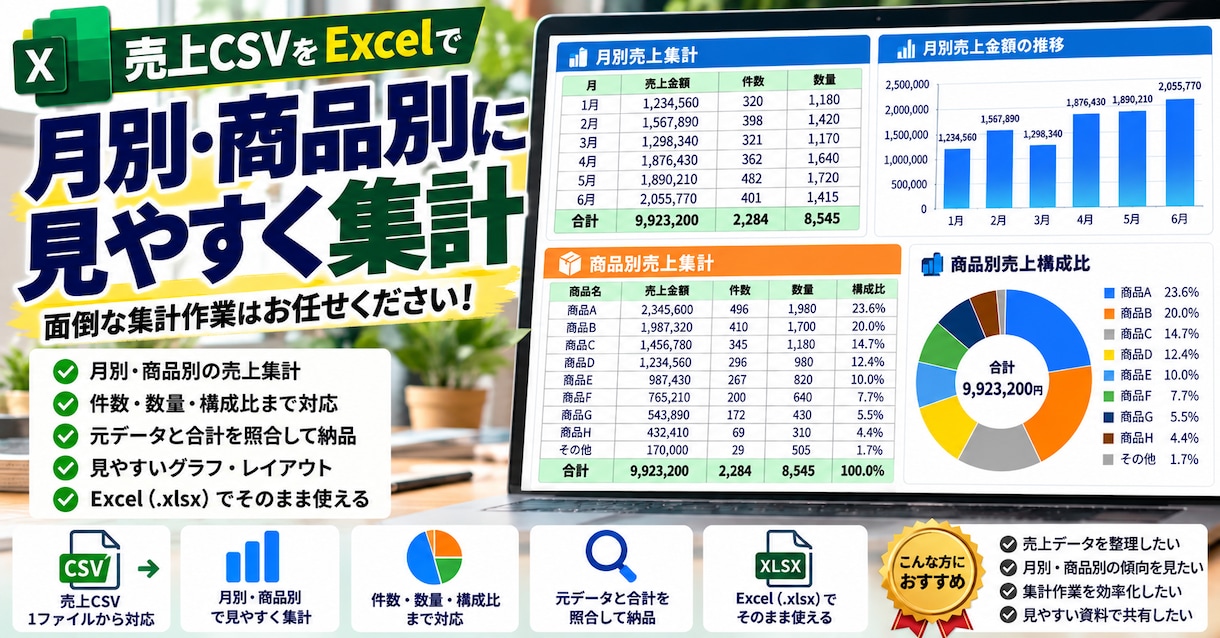売上CSV・Excelを見やすく集計します 月別・商品別に整理し、元データとの合計も照合 イメージ1