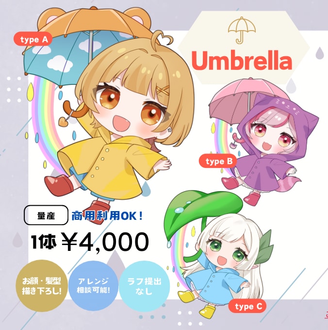 プレゼントにも！アンブレラミニキャラ制作しますます かさ＆レインコートの梅雨イラスト イメージ1