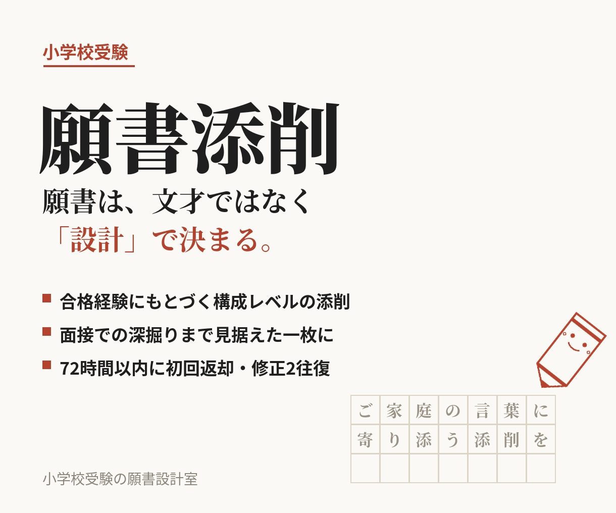小学校受験の願書を型から設計し添削します 願書は構成の設計が重要です。面接まで見据えた一枚を共に。 イメージ1