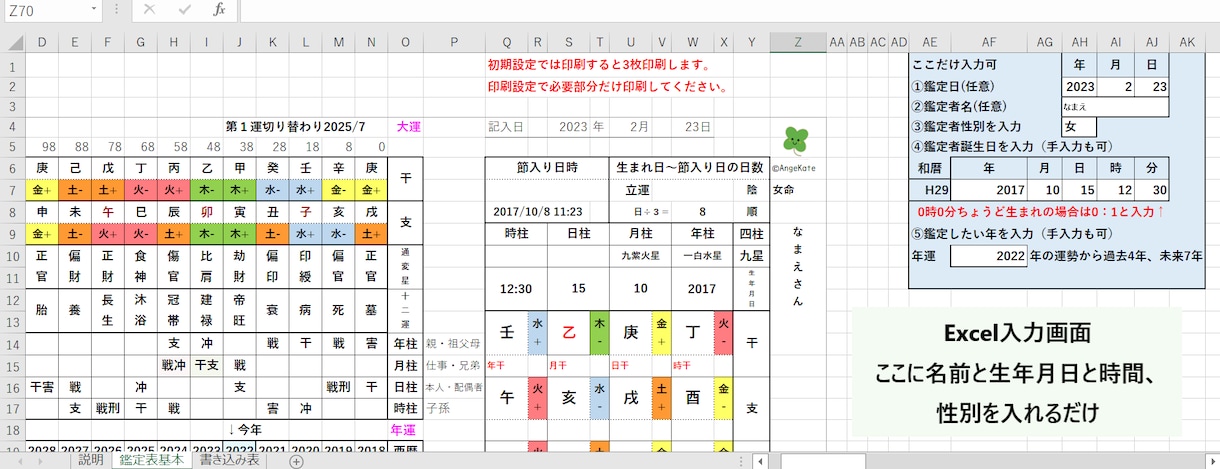 四柱推命勉強中の人。命式表作りを応援します Excelで命式表を簡単作成。五行色分けでイメージしやすい！ イメージ2