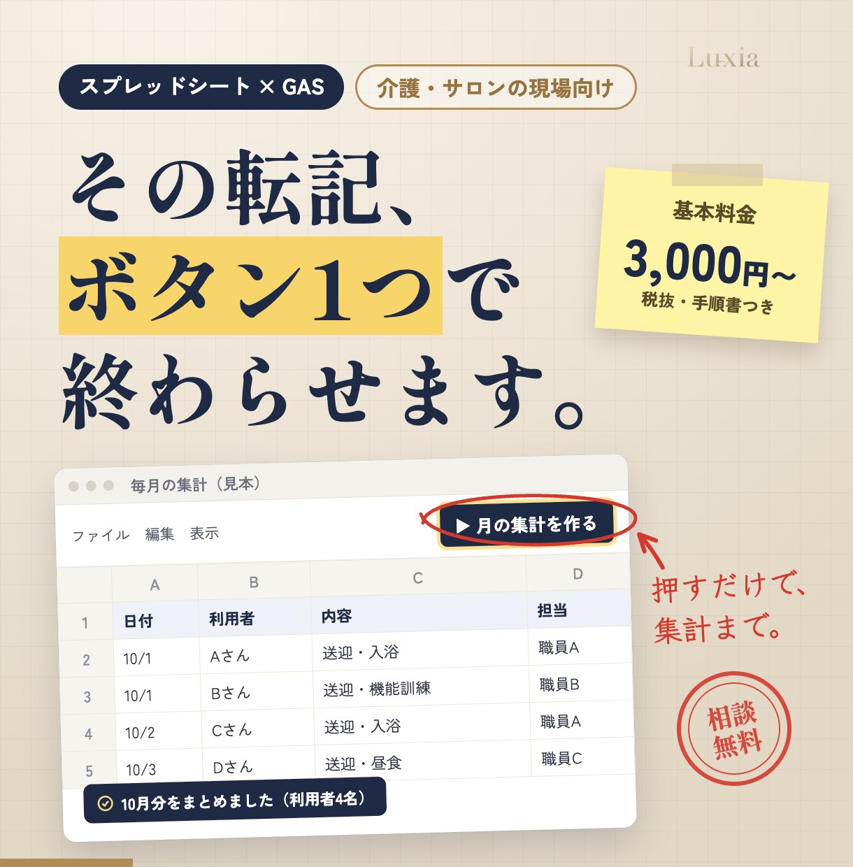スプレッドシートの面倒な作業をGASで自動化します 介護・サロンの現場向け｜手順書つきで動くまで伴走 イメージ1