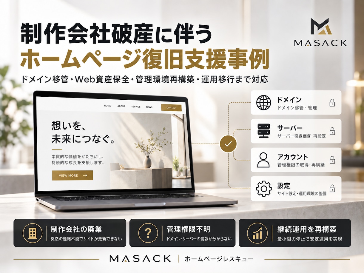 管理できなくなったホームページを復旧・移行します 制作会社の廃業・権限不明からWeb運用を再構築 イメージ1