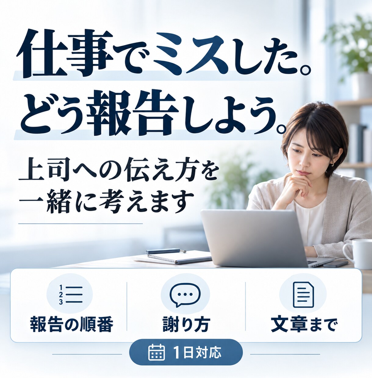仕事でミスした夜、上司への伝え方を一緒に考えます 言い訳に見えない報告の順番と文章まで準備します イメージ1