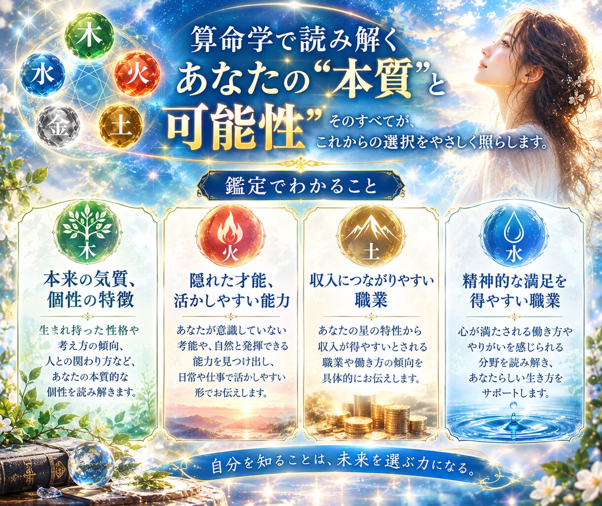 魂の算命学で天命を読み解き適職をお伝えします 転職、人間関係、お金の不安…算命学であなたの天職を完全鑑定！ イメージ2