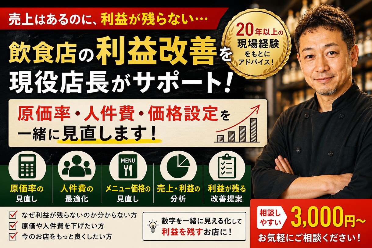 飲食店の利益改善を現役店長がサポートます 原価率・人件費・価格設定を一緒に見直します イメージ1