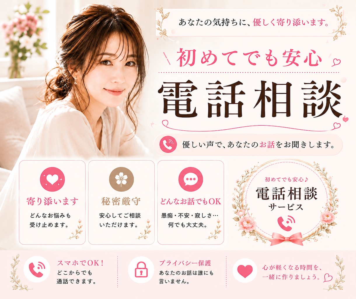 電話相談・話し相手/ あなたの心を楽にします 穏やかな雰囲気で、初めてでも安心。雑談でもOKです。 イメージ1