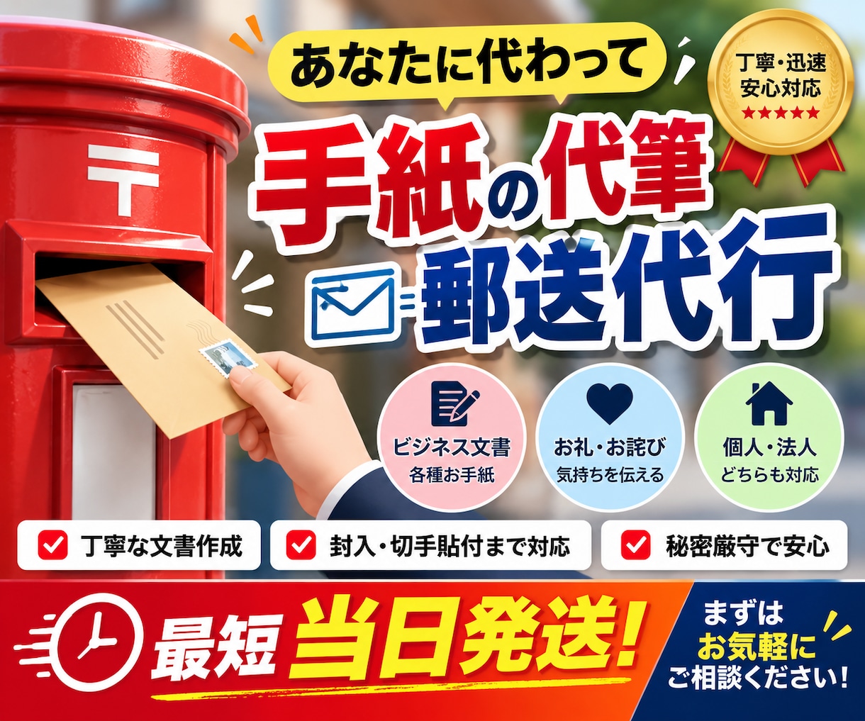 秘密厳守で手紙の代筆や印刷から郵送までを代行します 最短当日発送！匿名での苦情や各種通報など迅速に届けます イメージ1