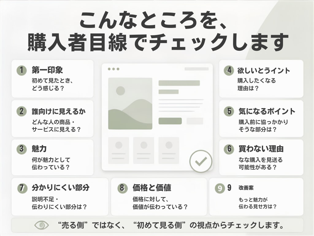 あなたの商品・サービスを購入者目線で分析します 初見の「第一印象」と「気になる点」を率直にお伝えします イメージ2