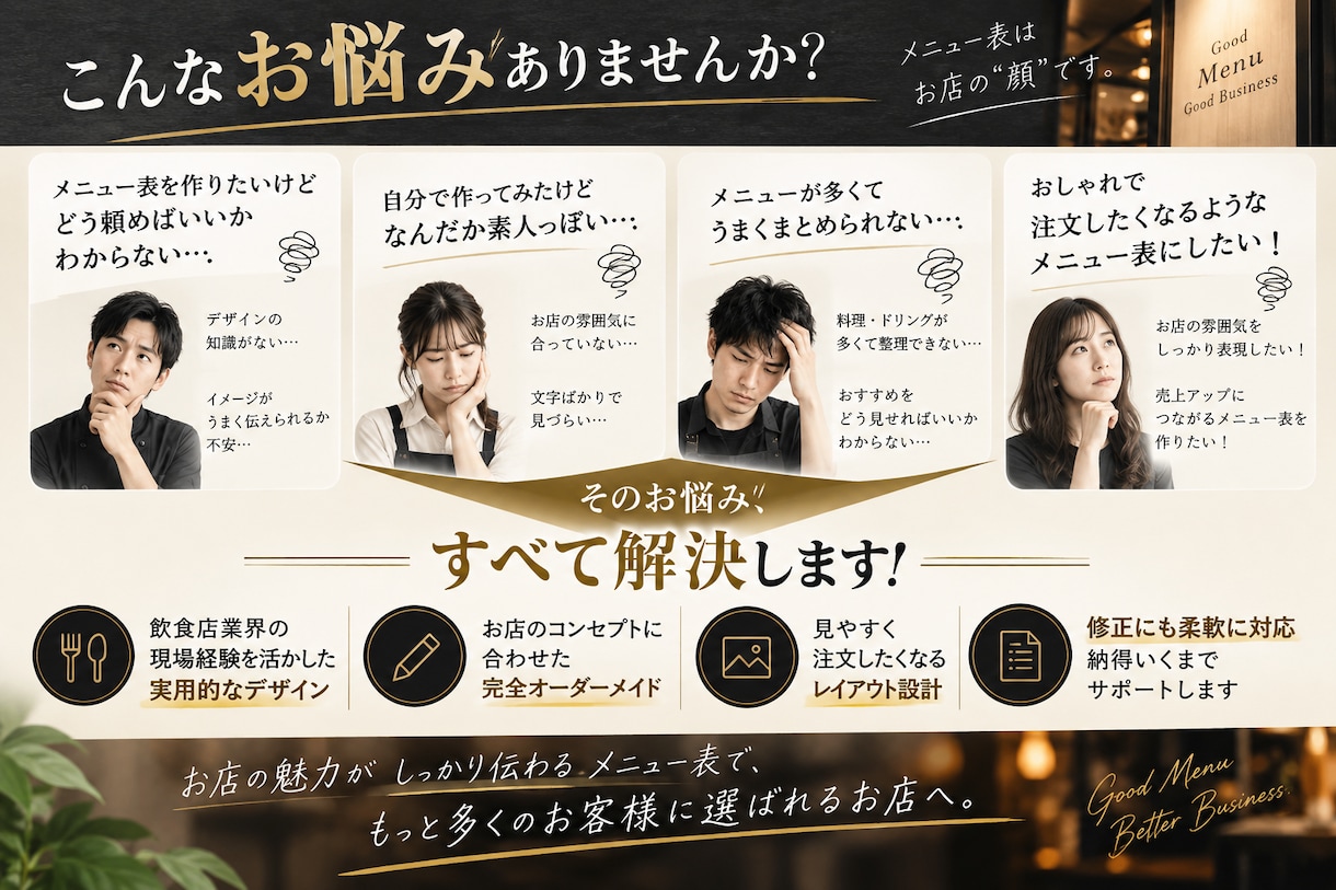 注文したくなる飲食店メニュー表を作成します 飲食店経験を活かし、魅力が伝わるデザインをオーダーメイド制作 イメージ2