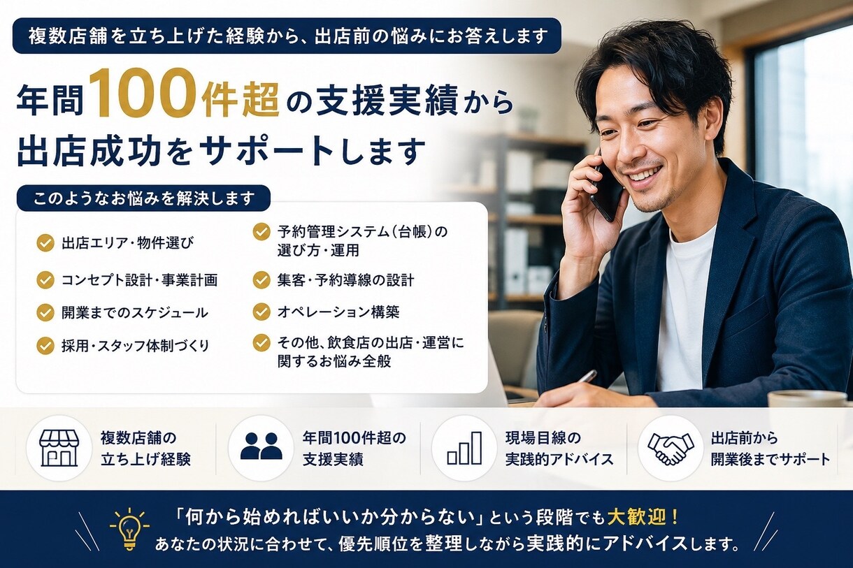 実体験をもとに飲食店出店の悩みに答えます 年間100件超の支援実績から出店成功をサポートします！ イメージ1