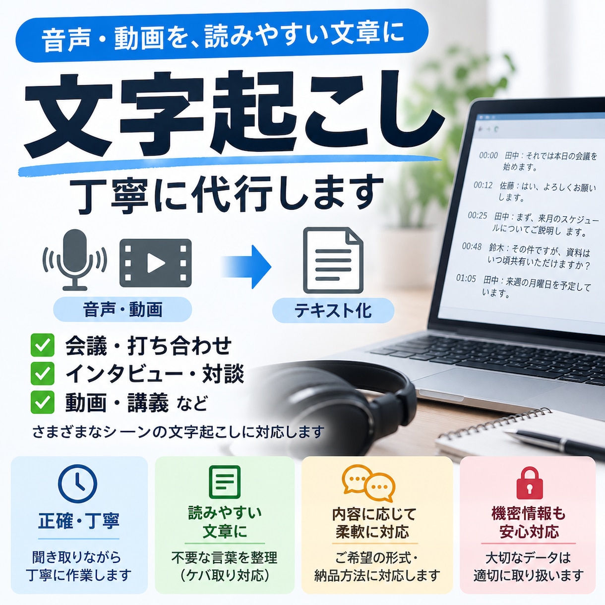 音声・動画の文字起こしを丁寧に代行します 会議・インタビュー・動画などの音声を文章にします イメージ1