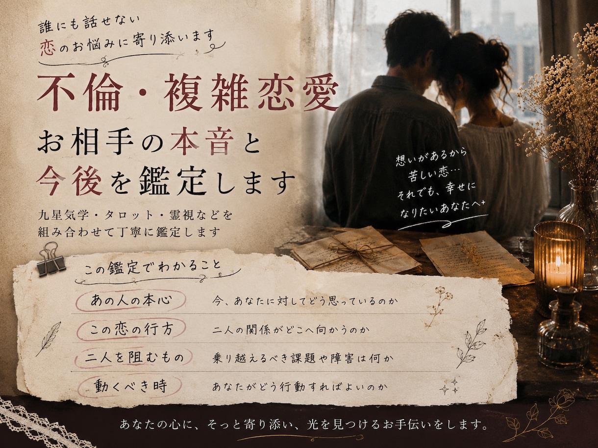 不倫・複雑恋愛のお相手の本音と今後を鑑定します お相手の本音・今後の流れ・今できることを丁寧に鑑定します イメージ1
