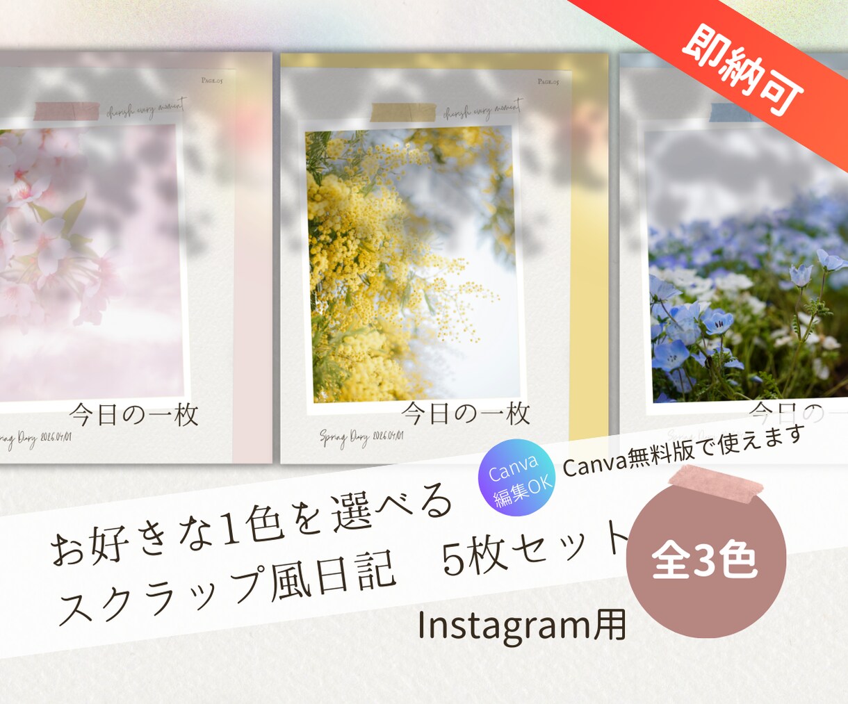 即納！インスタ投稿がすぐ完成する日記セット届けます 日常を「作品」として残す。春を感じる大人可愛い日記5枚セット イメージ1